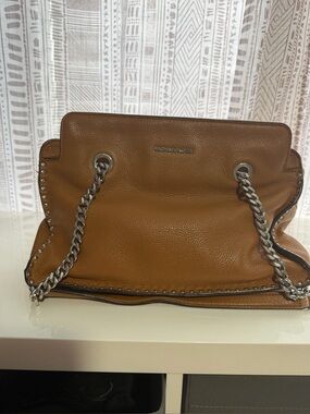 Michael Kors Cognac Pebbled Leather Shoulder Bag with Silver Chain